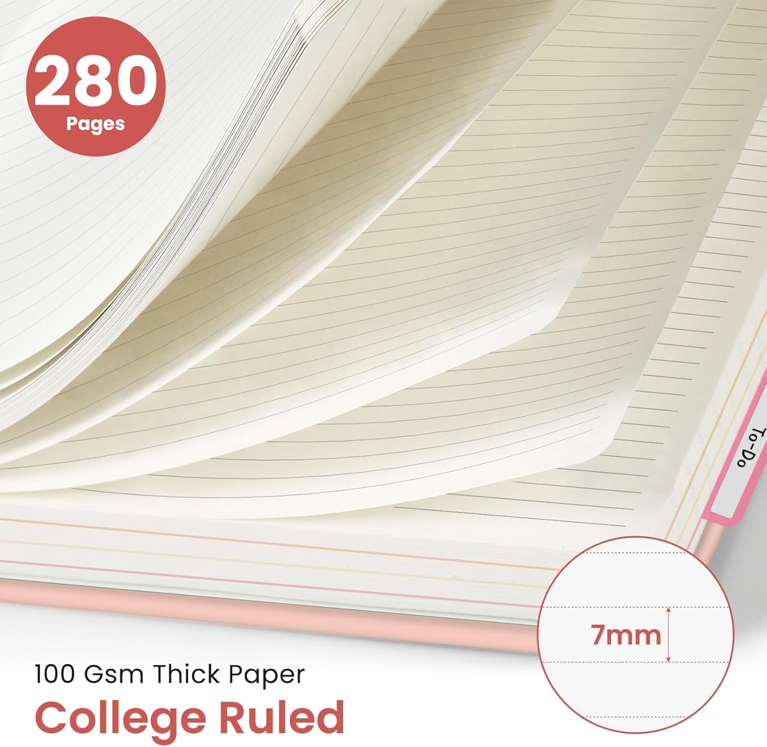 Pink 5 Subject Spiral Notebook with Dividers, A4 College Ruled Journal 280 Pages