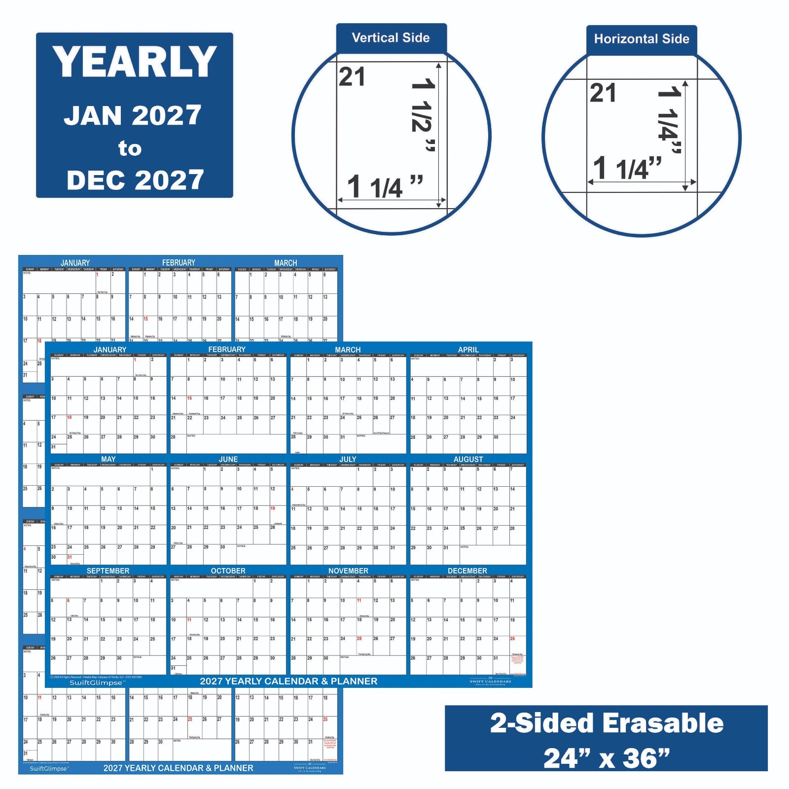 24×36 SwiftGlimpse 2024 Large Wall Calendar, Paper Folded, Yearly Planner – NAVY