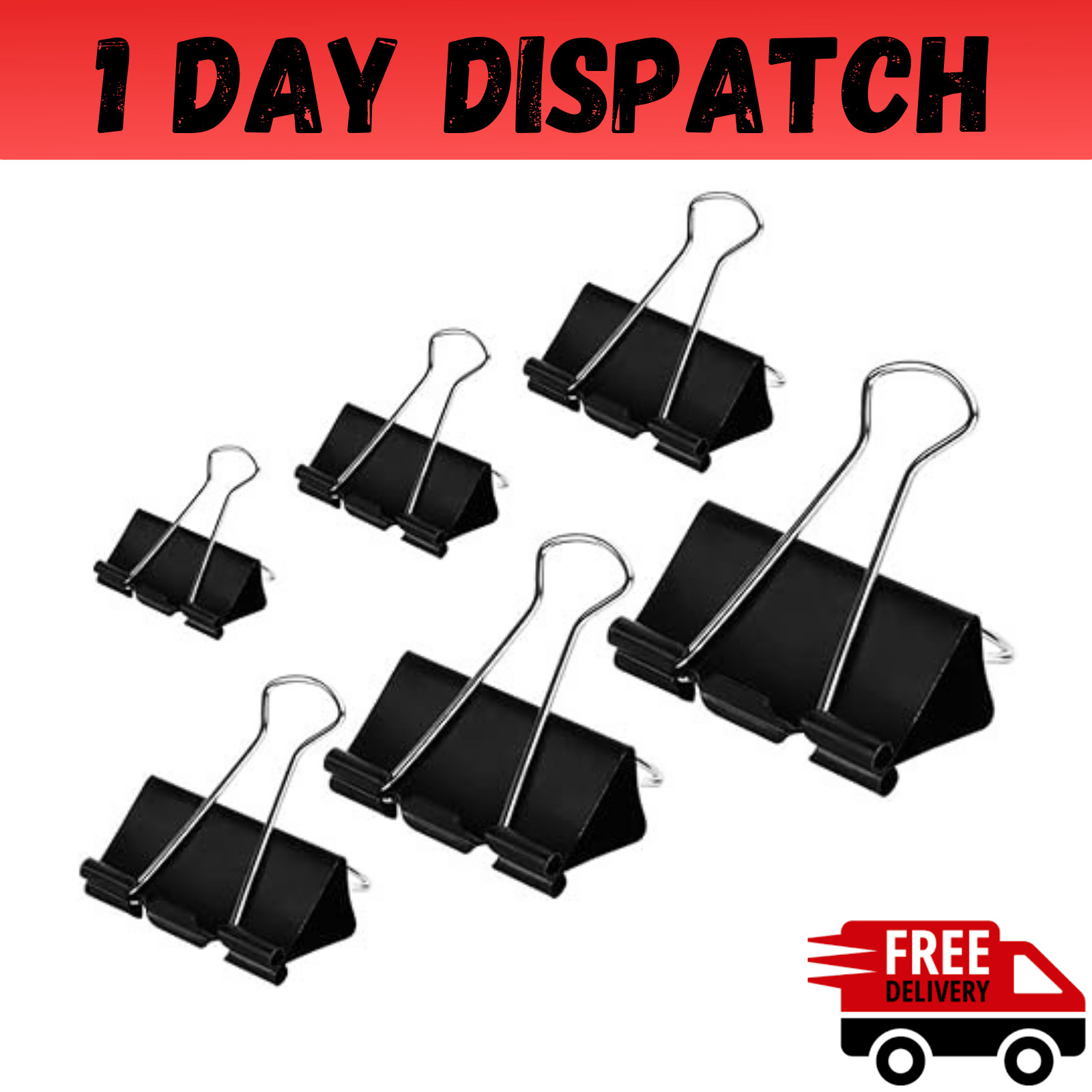 Binder Clips Paper Clamps Assorted Sizes 100 Count (Black) 6 Sizes in One Pack