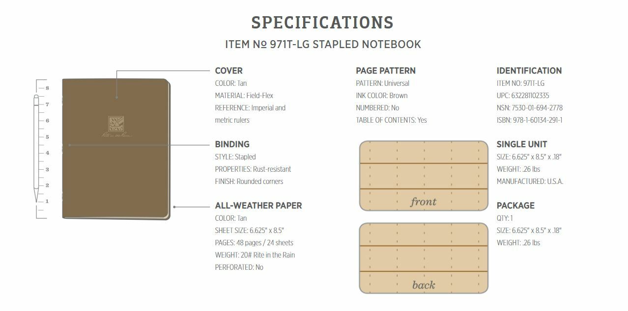Rite In The Rain Large Stapled Notebook Tan Field-Flex Cover 48 Pages / 24 Sheet