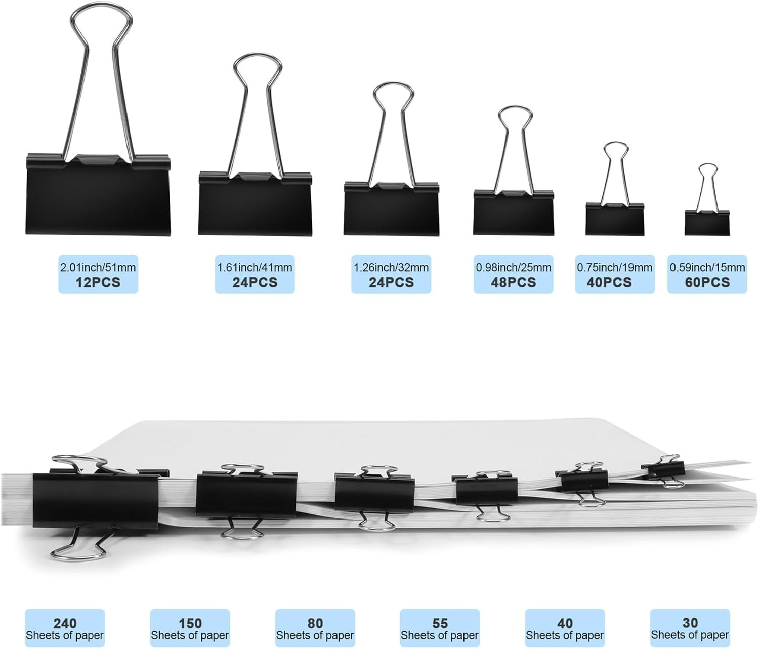 Popufox, Assorted Binder Clips, 6 Sizes, 208 Pieces