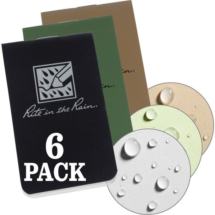 Rite In The Rain 6 PACK OTG Notebook Black Cover Blank Perforated Sheets Compact
