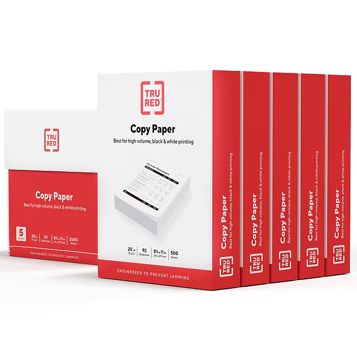 TRU RED Copy Paper 8.5×11 Letter 20lb 92 Bright 5 Reams 2500 Sheets White