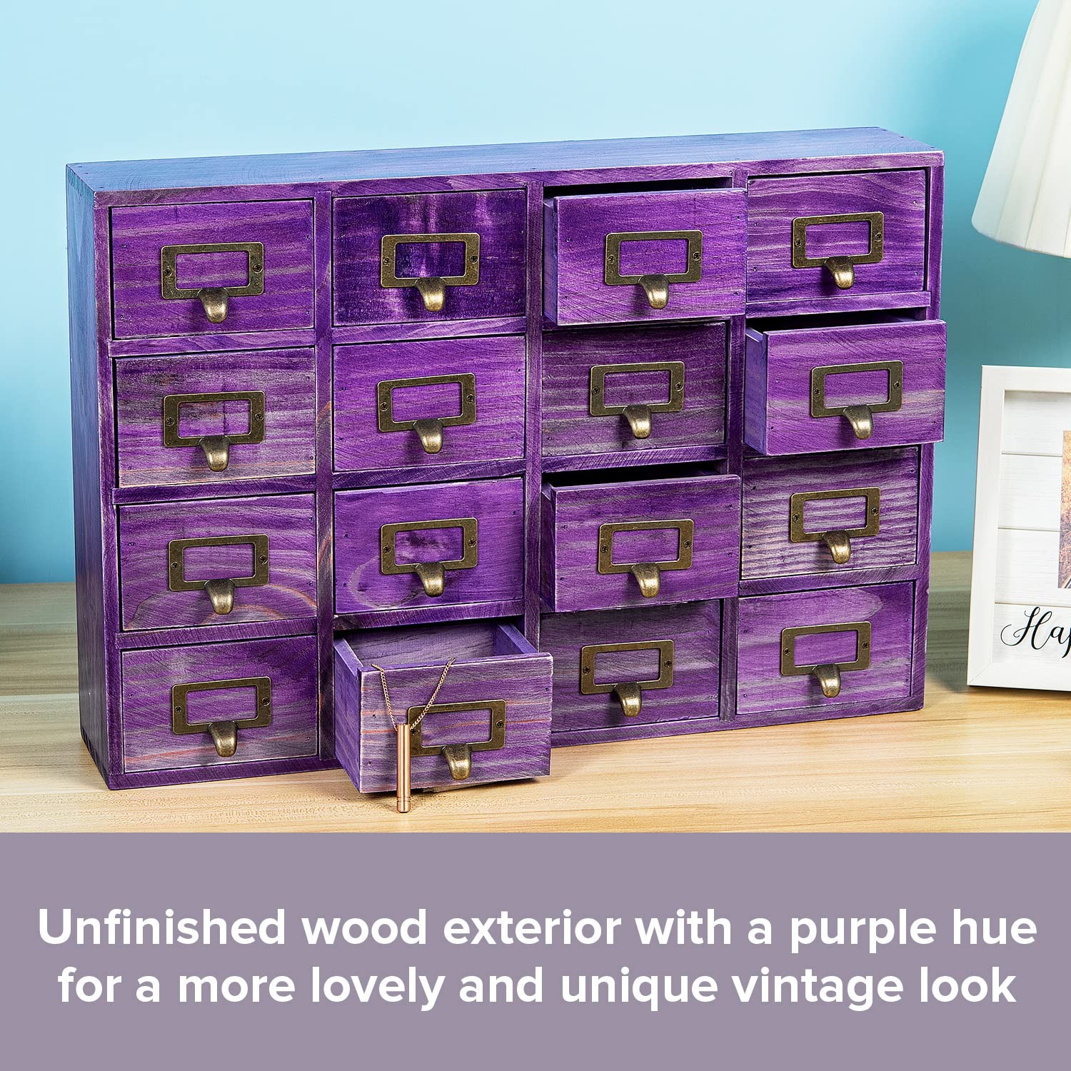 Woodaholic Purple 16-Slot Wooden Drawer Unit – Country Style Desk Organizer –