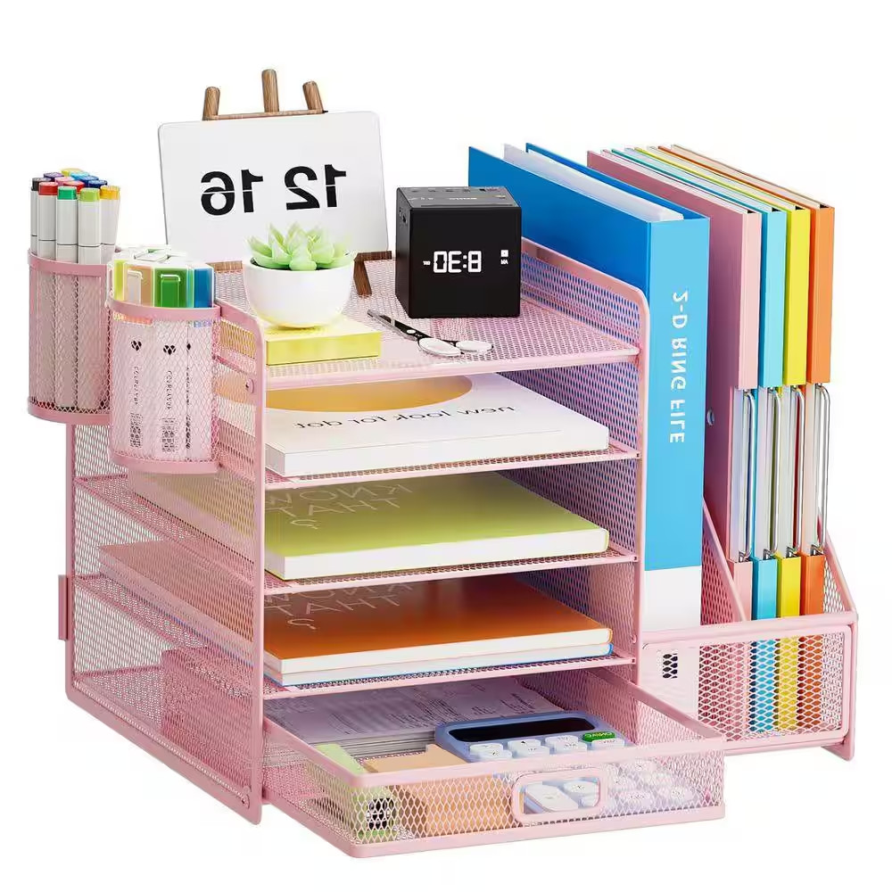Pink 13.8 In. X 11 In. Metal Desk Organizers with File Holder and 2 Pen Holders