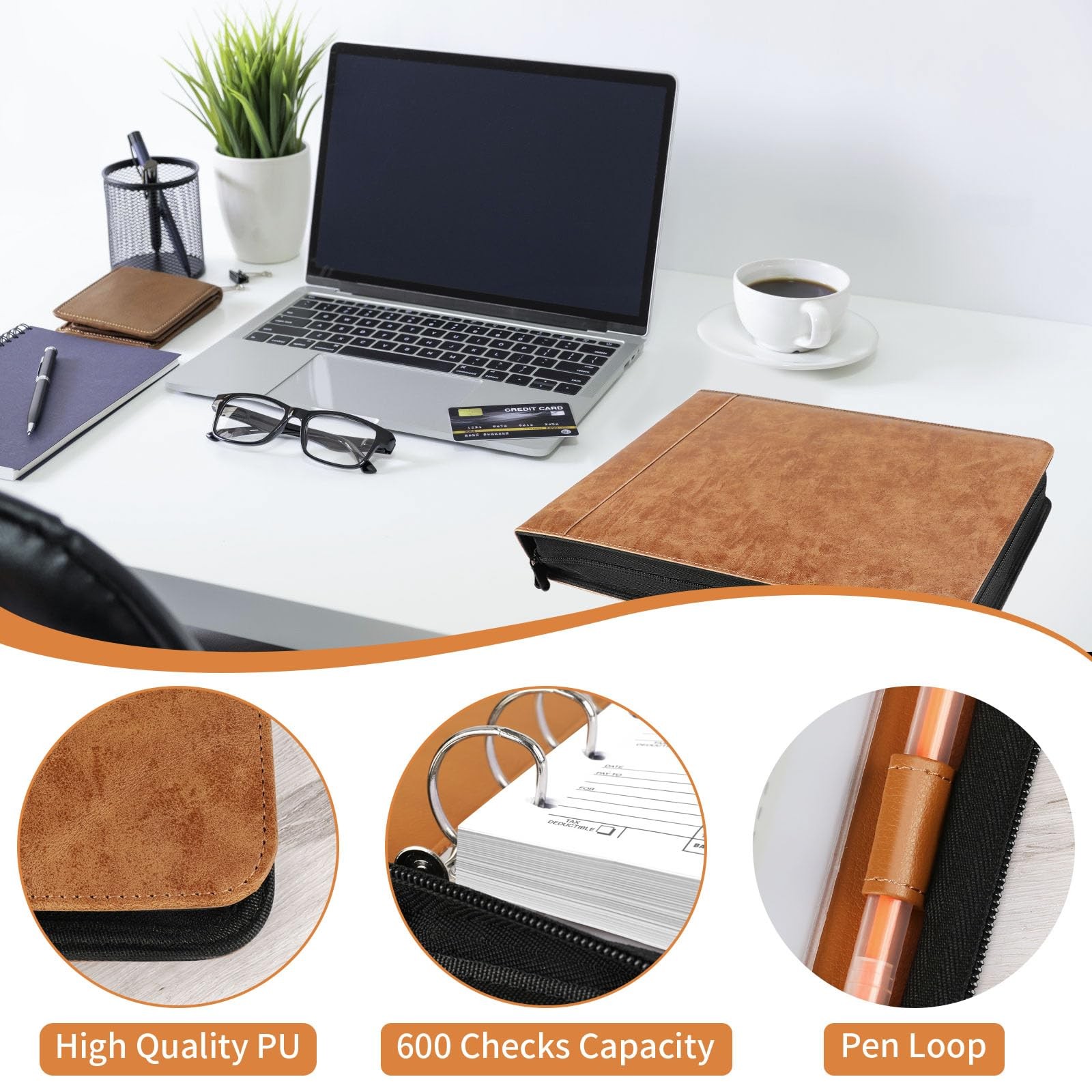 Business Checkbook Binder 7 Ring, PU Leather Check Binder Holds 600 Checks