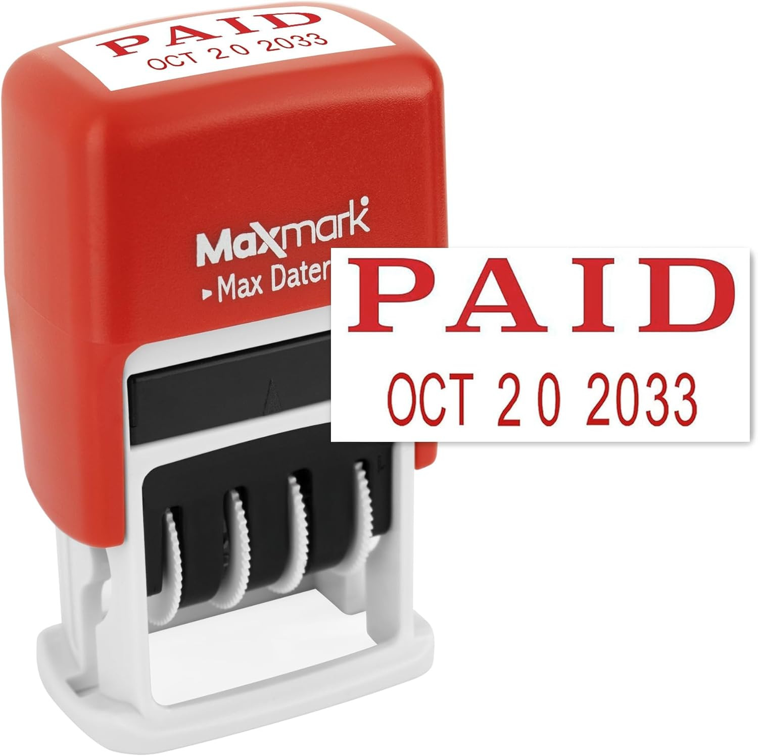 Self-Inking Rubber Date Office Stamp with Paid Phrase & Date – RED Ink (Max Date