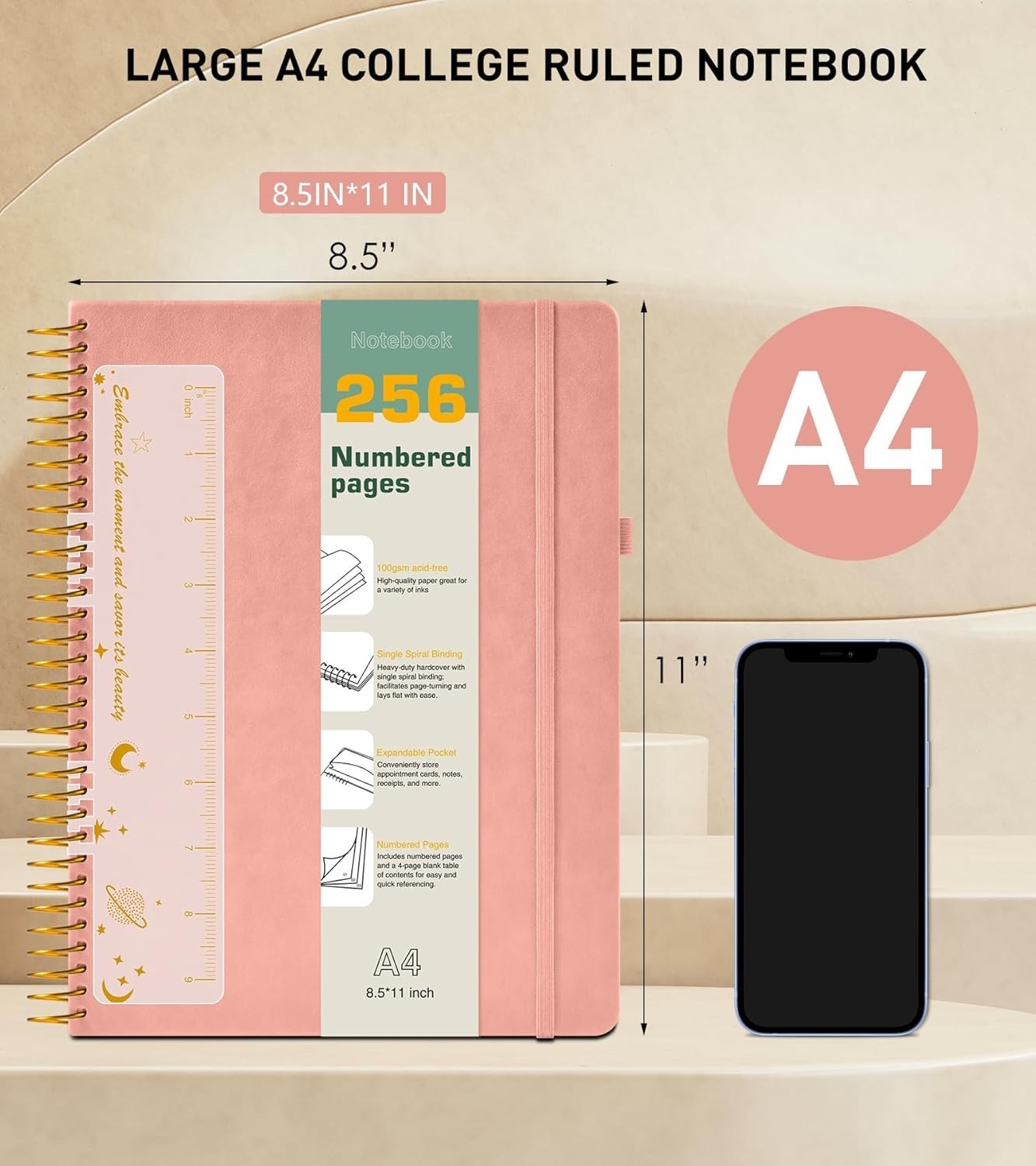 A4 Spiral Notebook Journal 8.5” x 11”, 256 Numbered Pages Hardcover Leather J…