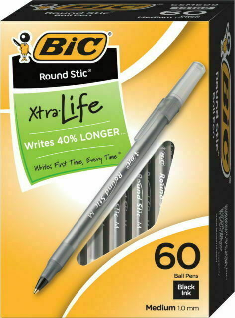 300 Count (5X60) BIC Round Stic Xtra Life Ballpoint Pen Medium Point 1.0mm Black
