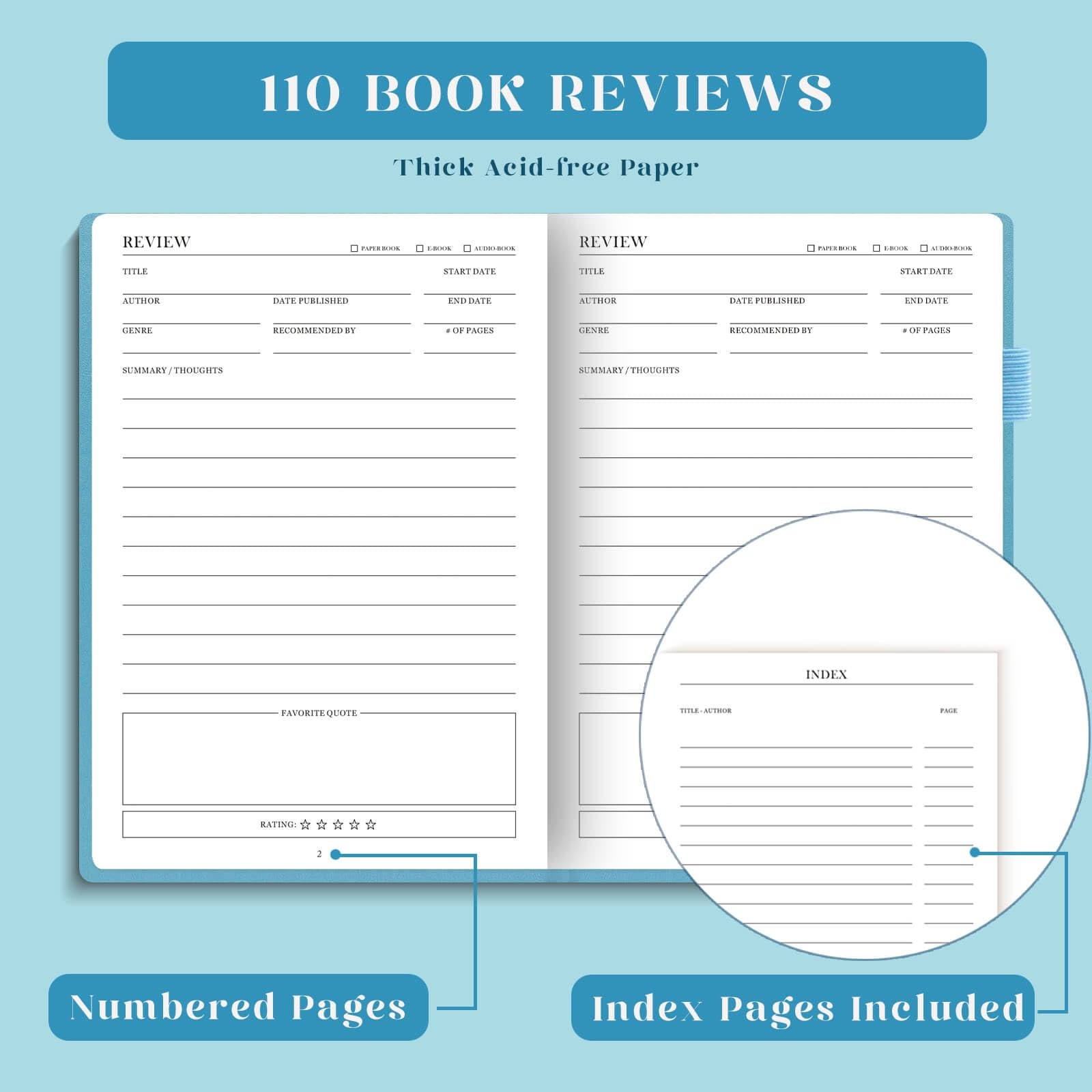 Elegant Reading Journal Book Log for 110 Reviews Ocean Blue A5 Size Gift