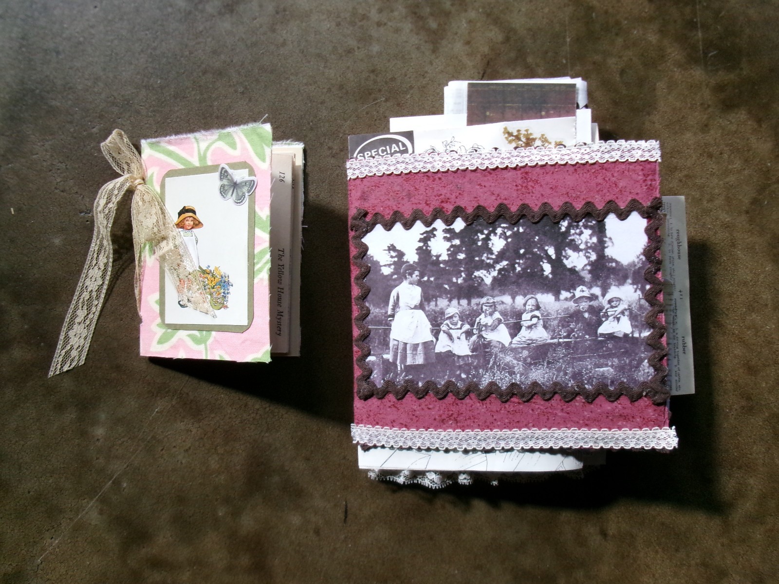 LOT OF 2 JUNK JOURNALS VINTAGE CHILDREN TAGS TUCKS BOOK PAGES COFFE STAIN PAGES