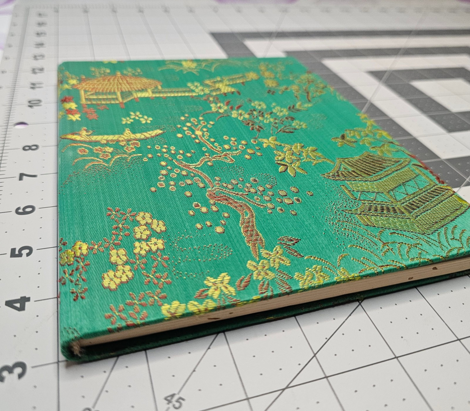 Vintage Chinese Brocade Fabric Cover Lined Notebook Journal 8″ x 6.5″ Green Gold