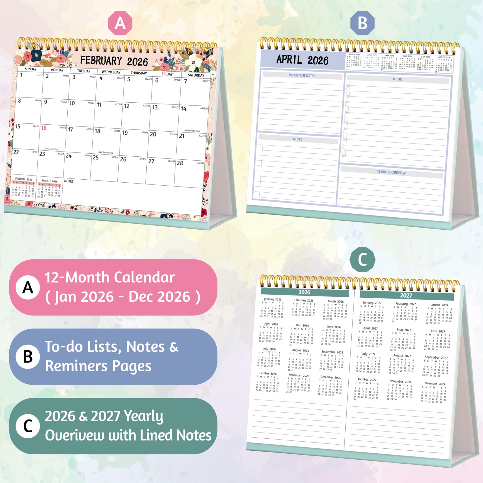 Desk Calendar 2026 – Standing Flip Desktop 2026, 12 Months(January…