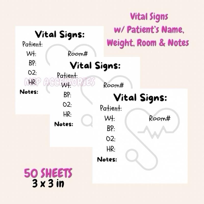 Vital Signs w/ Patient Name, Weight, Room, Notes 50 sheets 3 x 3 inches