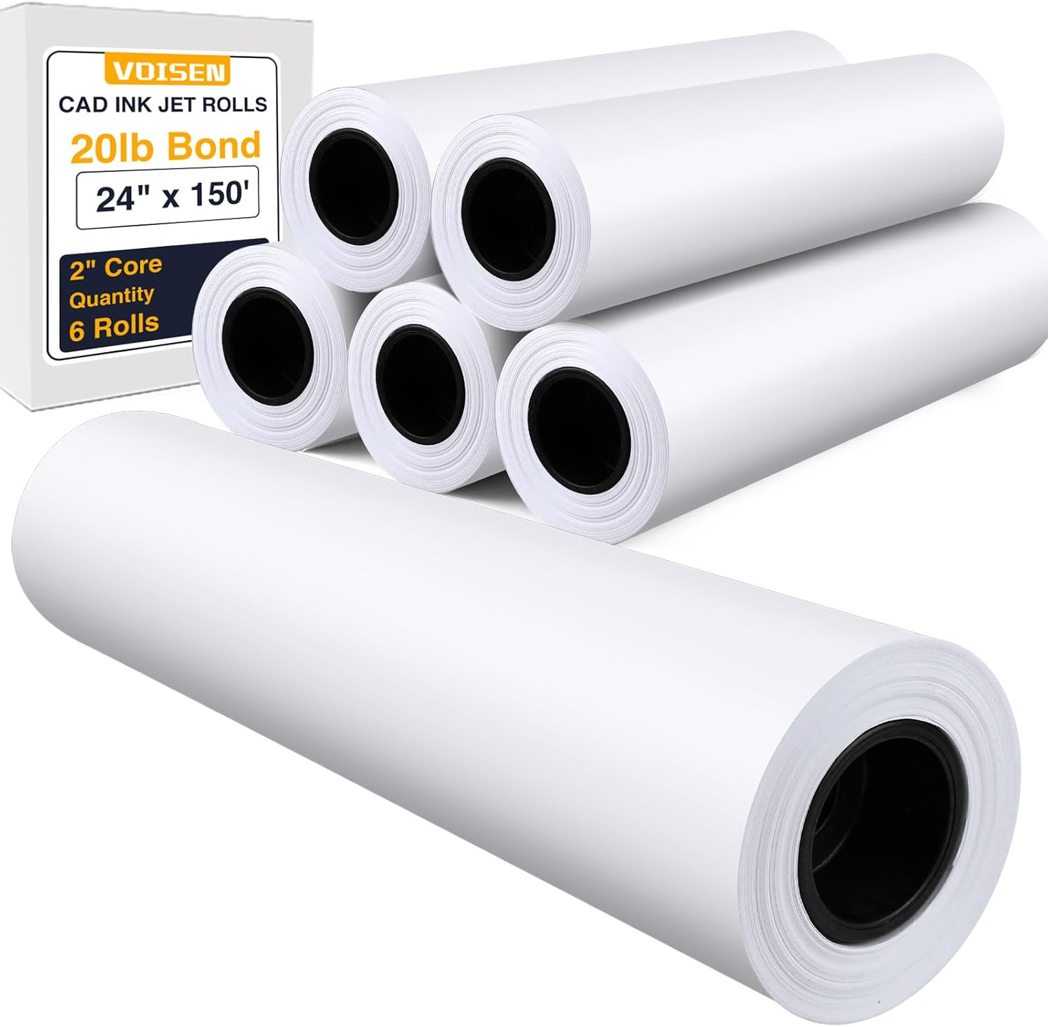 Wide Format Paper,6 Rolls Plotter Paper 24 in X 150 Ft, CAD Bond Rolls,20Lb,Bond