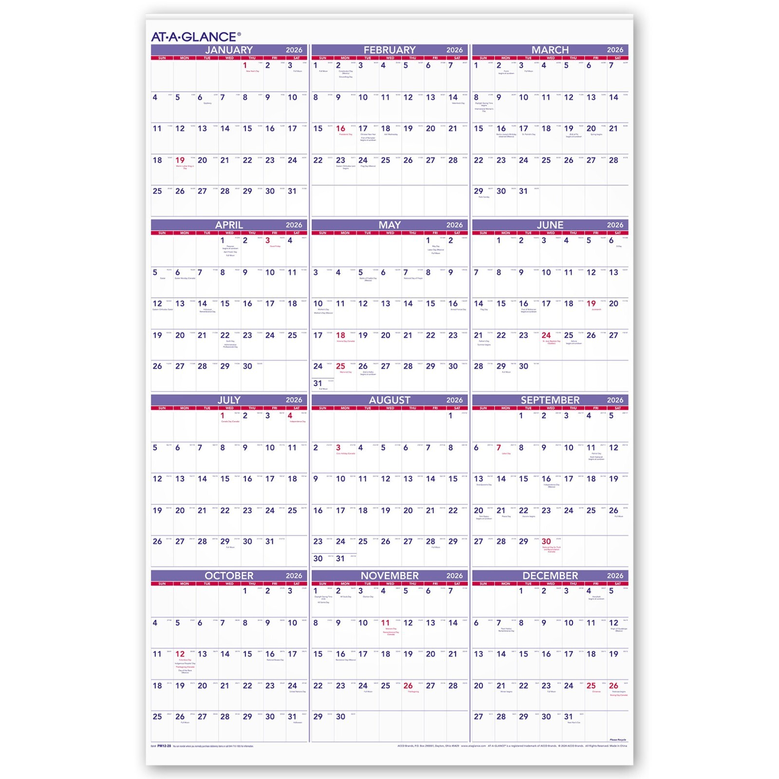 2026 At-A-Glance PM12-28 Yearly Wall Calendar, 24 x 36″