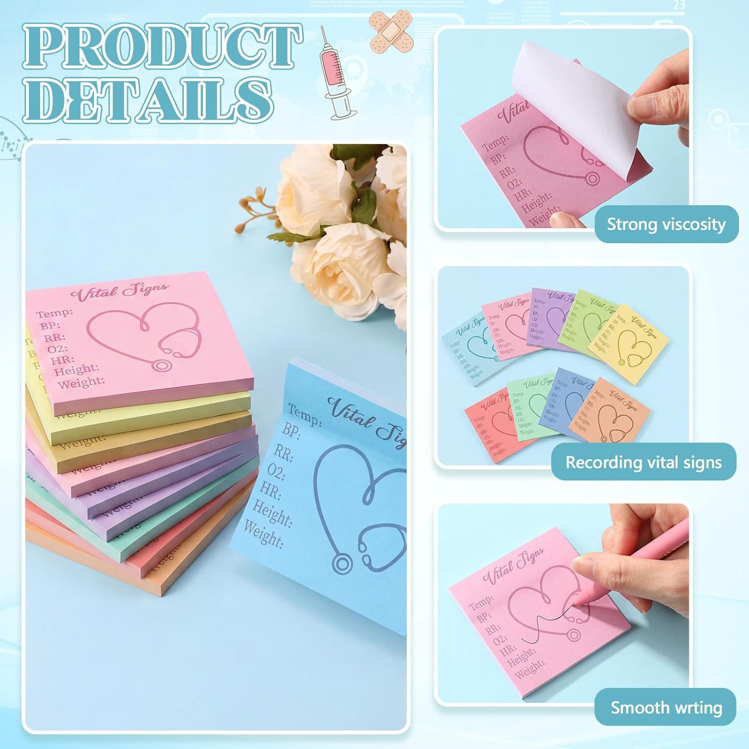 9 Pcs Vital Signs Sticky Notes Cute Self Stick Notepads Easy to Post Desk Suppli