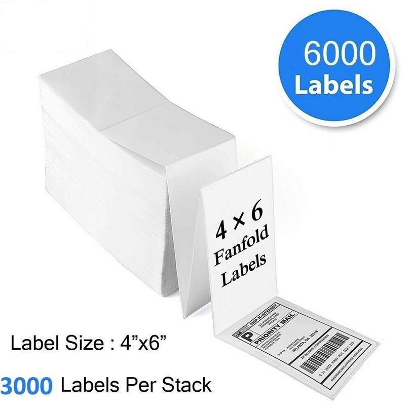 6000 LABELS 4×6 Direct Thermal Fanfold Shipping Labels ZEBRA UPS & more 3000 x 2