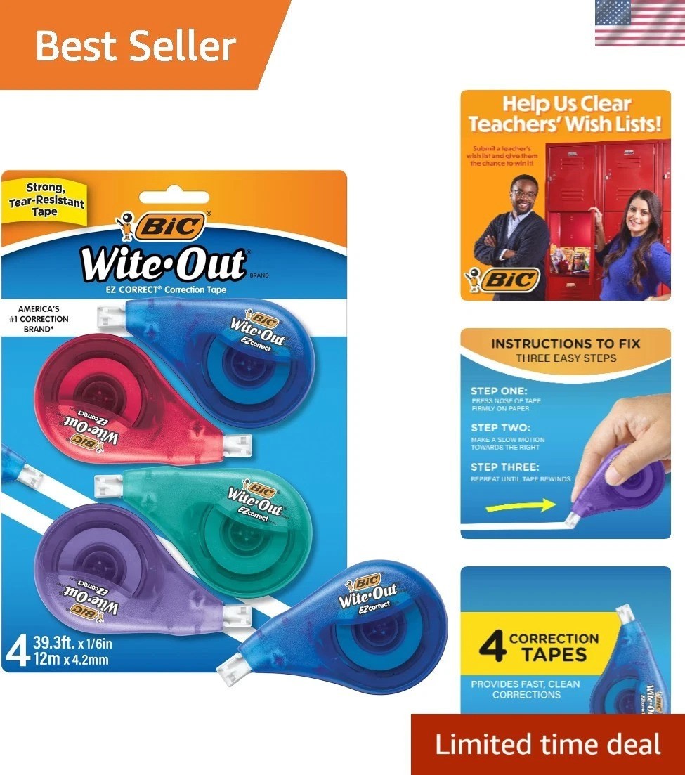 4-Count BIC EZ Correct Tape – Instant Application, Perfect for School Supplies