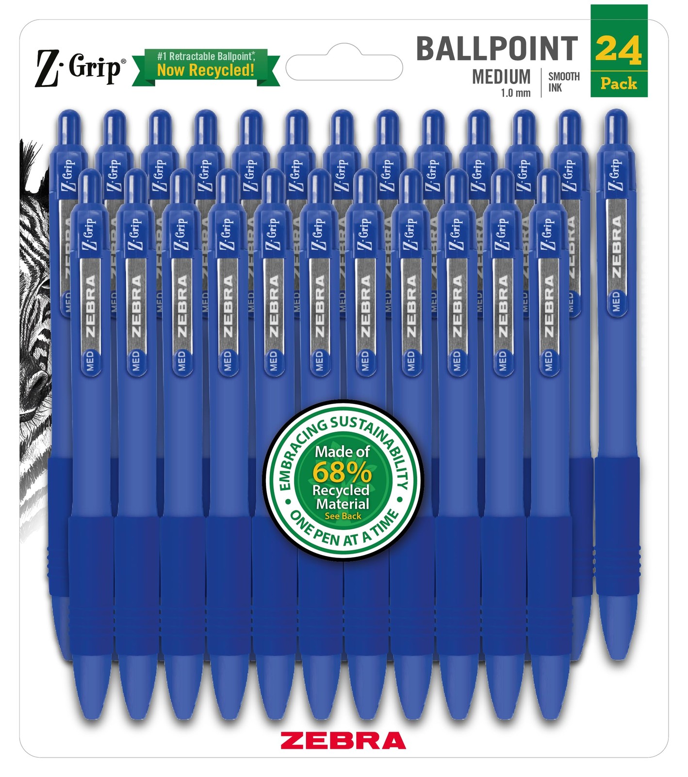 Zebra Pen Z-Grip Recycled Retractable Ballpoint 1 Count (Pack of 24), Blue E