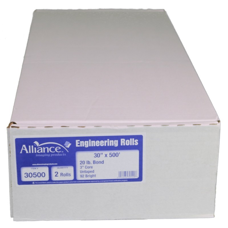 Alliance Paper Rolls, Bond Engineering, 30”x500’x3”, 92 Bright, 20lb. 2 Rls/Ctn
