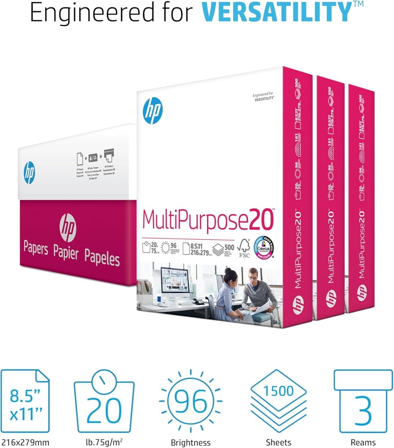 HP Printer Paper 8.5 x 11 MultiPurpose 3-Ream Case 96 Bright Paper – 1500 Sheets