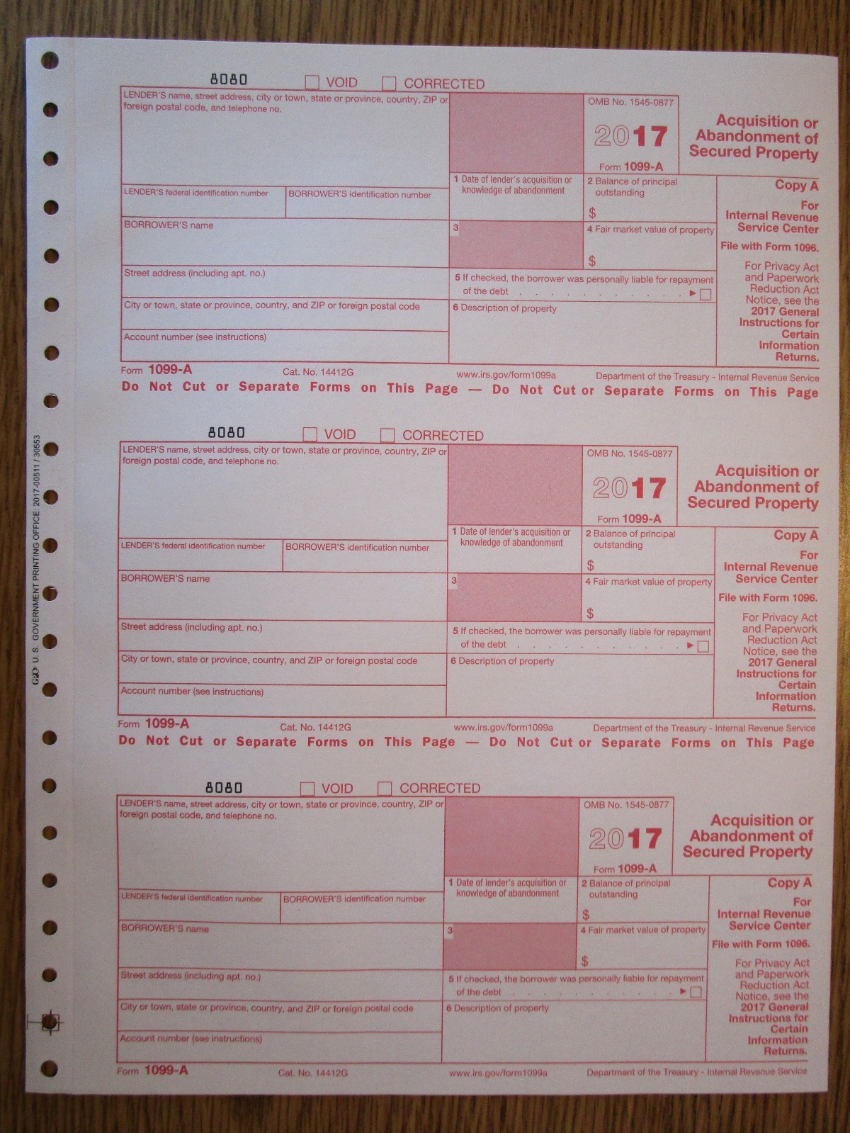 2017 IRS Tax Form 1099-A single sheet set for 3 borrowers, carbonless 3-part
