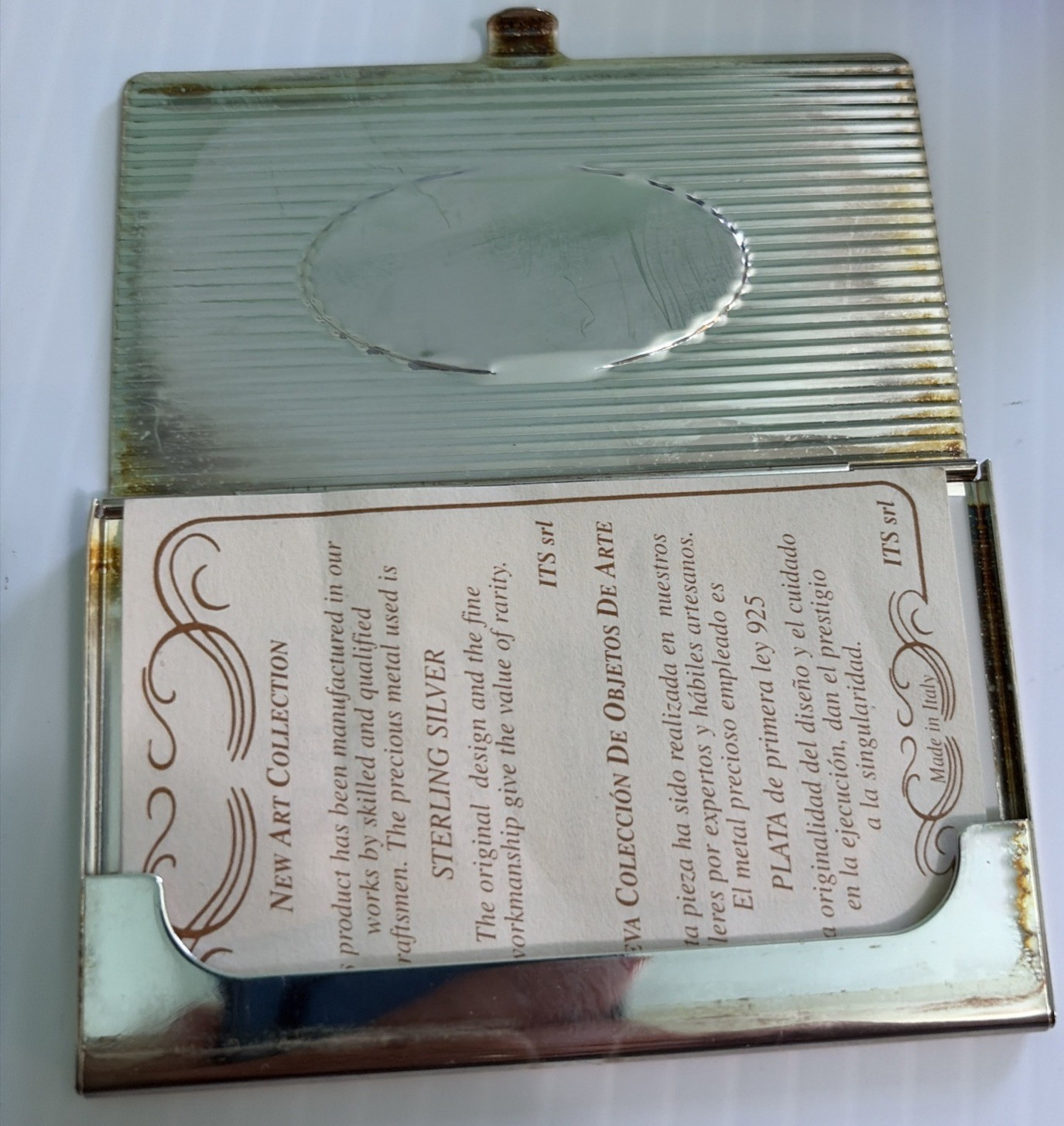 Sterling Silver Plated Business Card Case Holder Hinged with bag and box