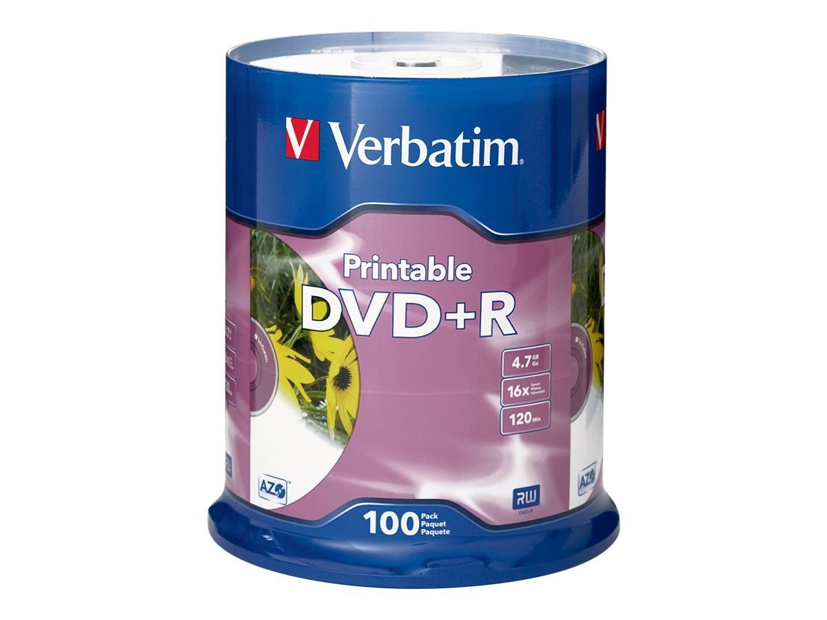 Verbatim DVD+R 4.7GB 16X White 100Pk Inkjet Not Hub Printable,