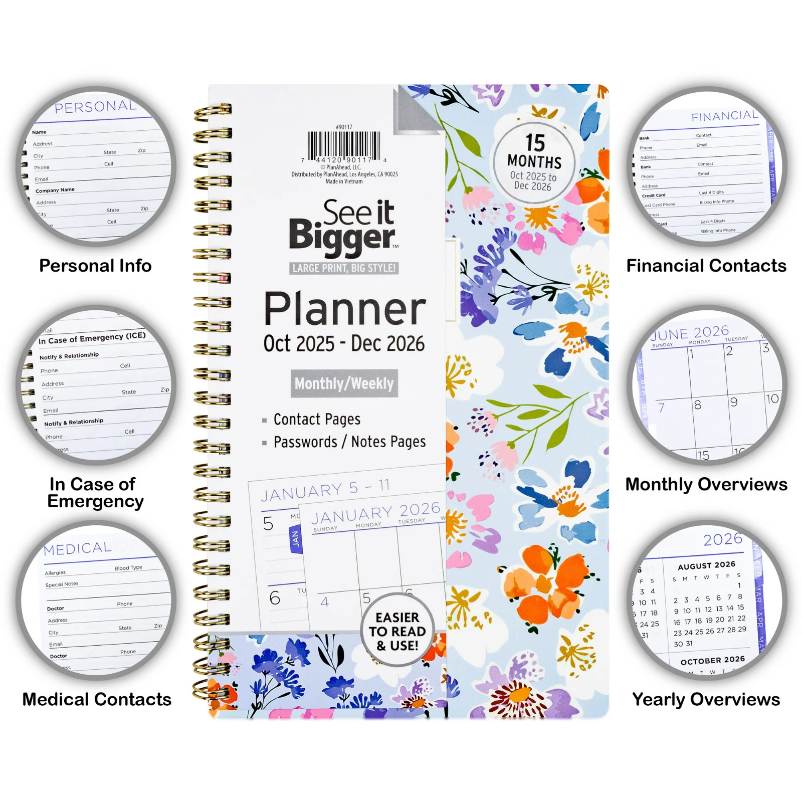 See it Bigger Weekly Planner Medium (5.5 x 8.75) 15 Months, Oct 2025-Dec 2026