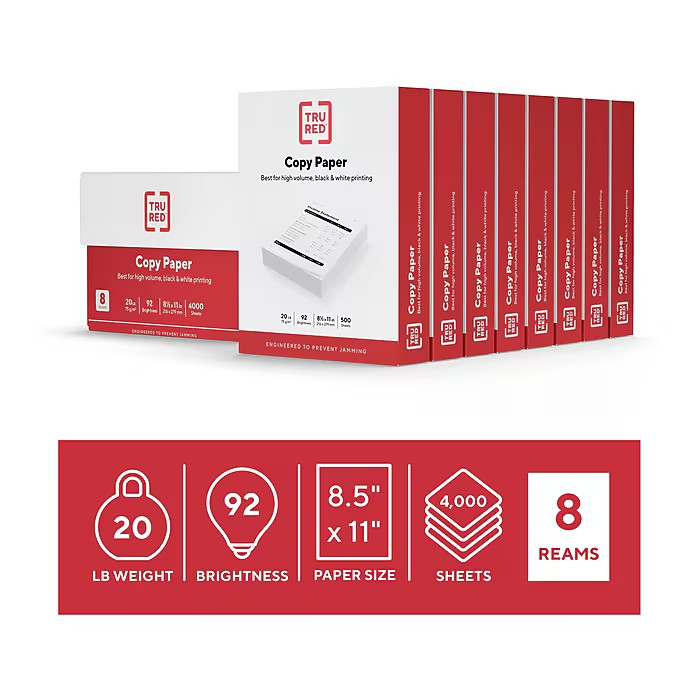 TRU RED 8.5″ x 11″ Copy Paper, 20 lbs., 92 Brightness, 500 Sheets/Ream, 8 Reams/
