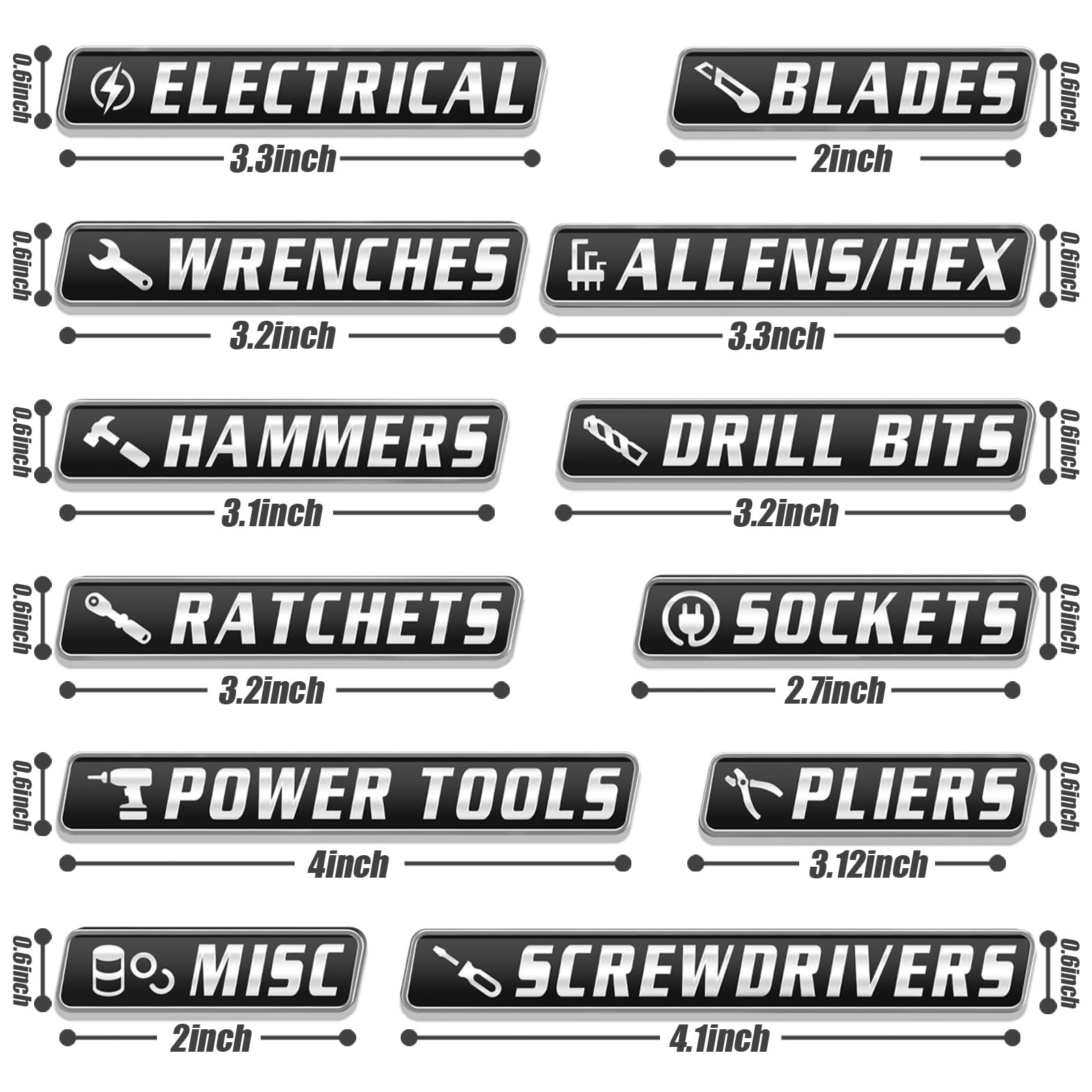12 Pack Magnetic Toolbox Labels,3D Metal Tool Chest 2″ to 4.1 inches, Black