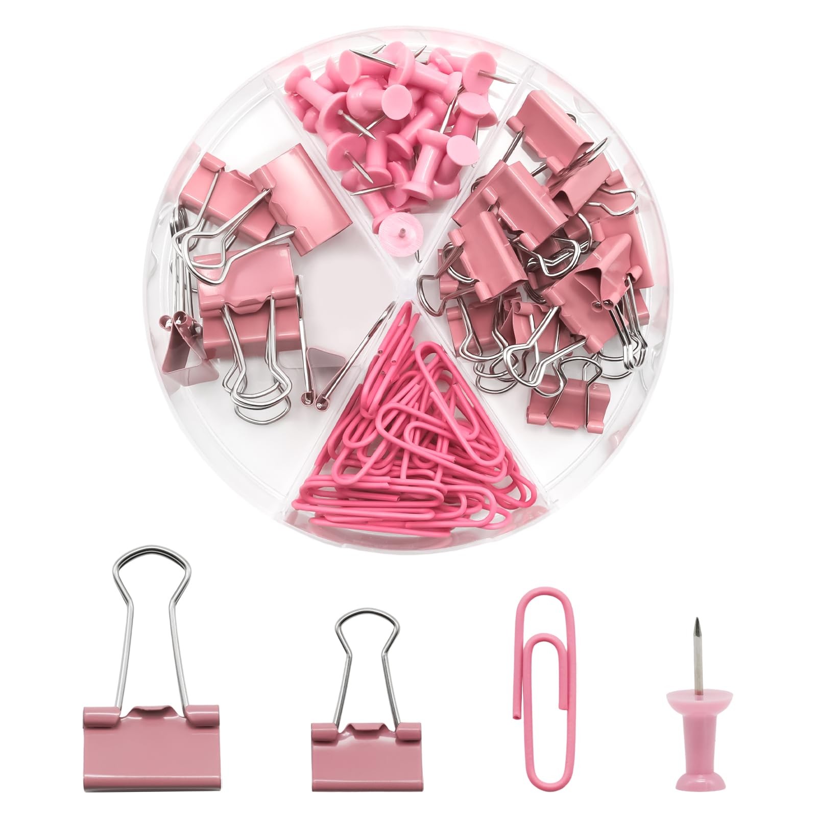 Pocoxll Office Supplies Set, Paper Clips, 72 Pcs, Push Pins and Binder Pink