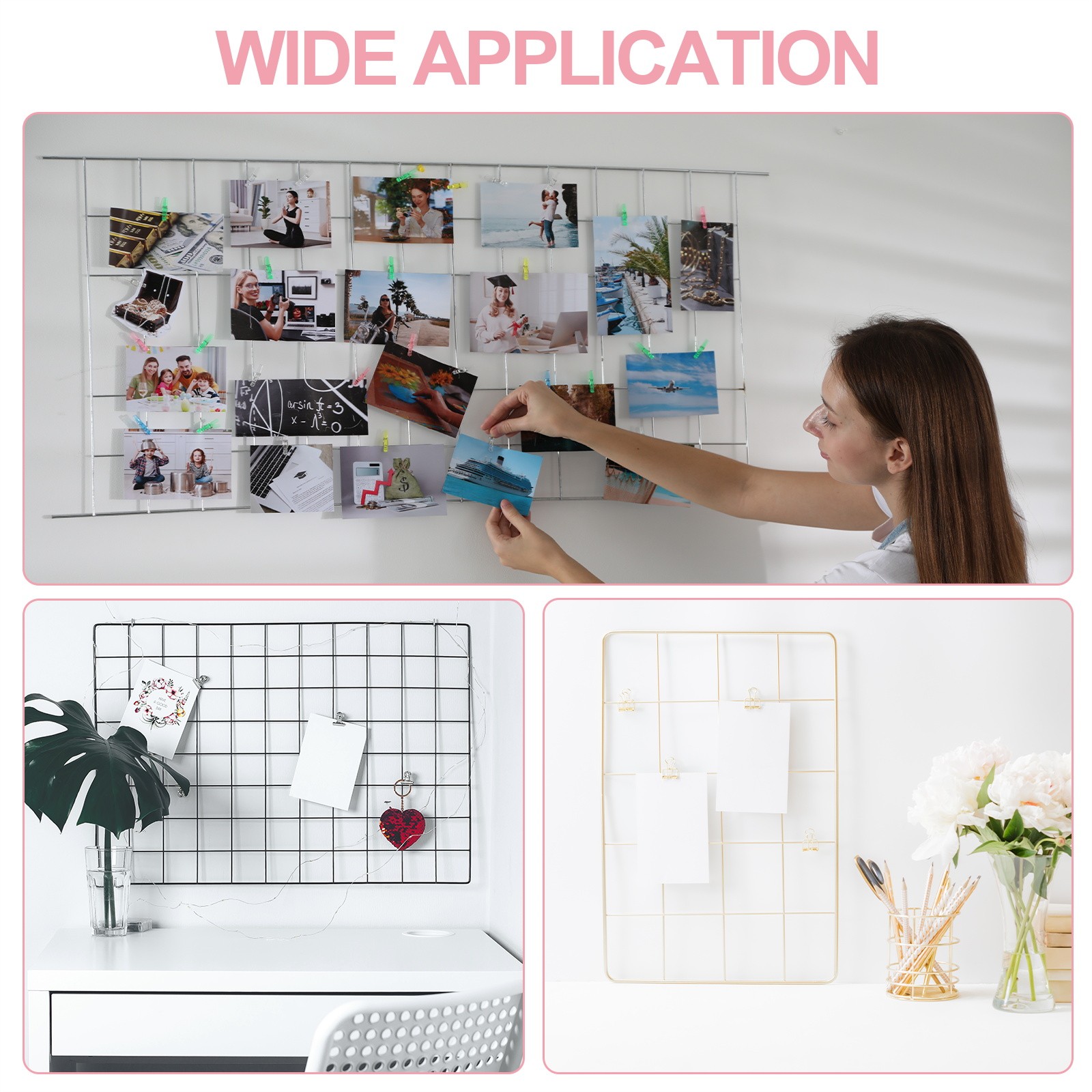 16″x8″ Wire Grid Panel, 2 Pack Wall Grid Decorative Board Photo Display Pink