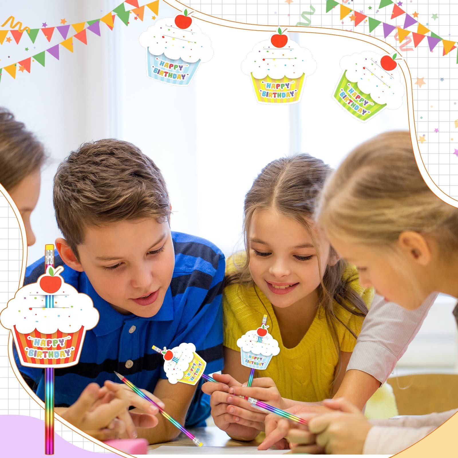 Breling 6 Pcs Happy Birthday Pencils and Cupcakes Greeting Cards Include Rain…