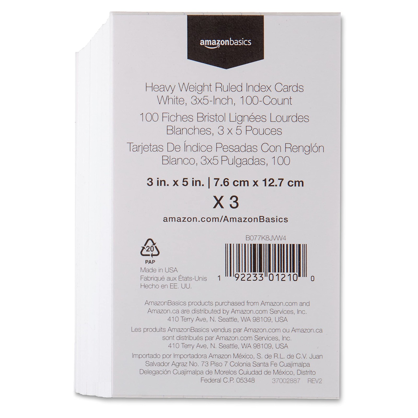 Amazon Basics Heavy Weight Ruled Index Cards for 100 Count (Pack of 3), White