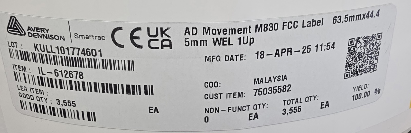 Avery Dennison Smartrac AD Movement WEL M830 RFID Labels 44.45mm 2 Rolls Of 3550