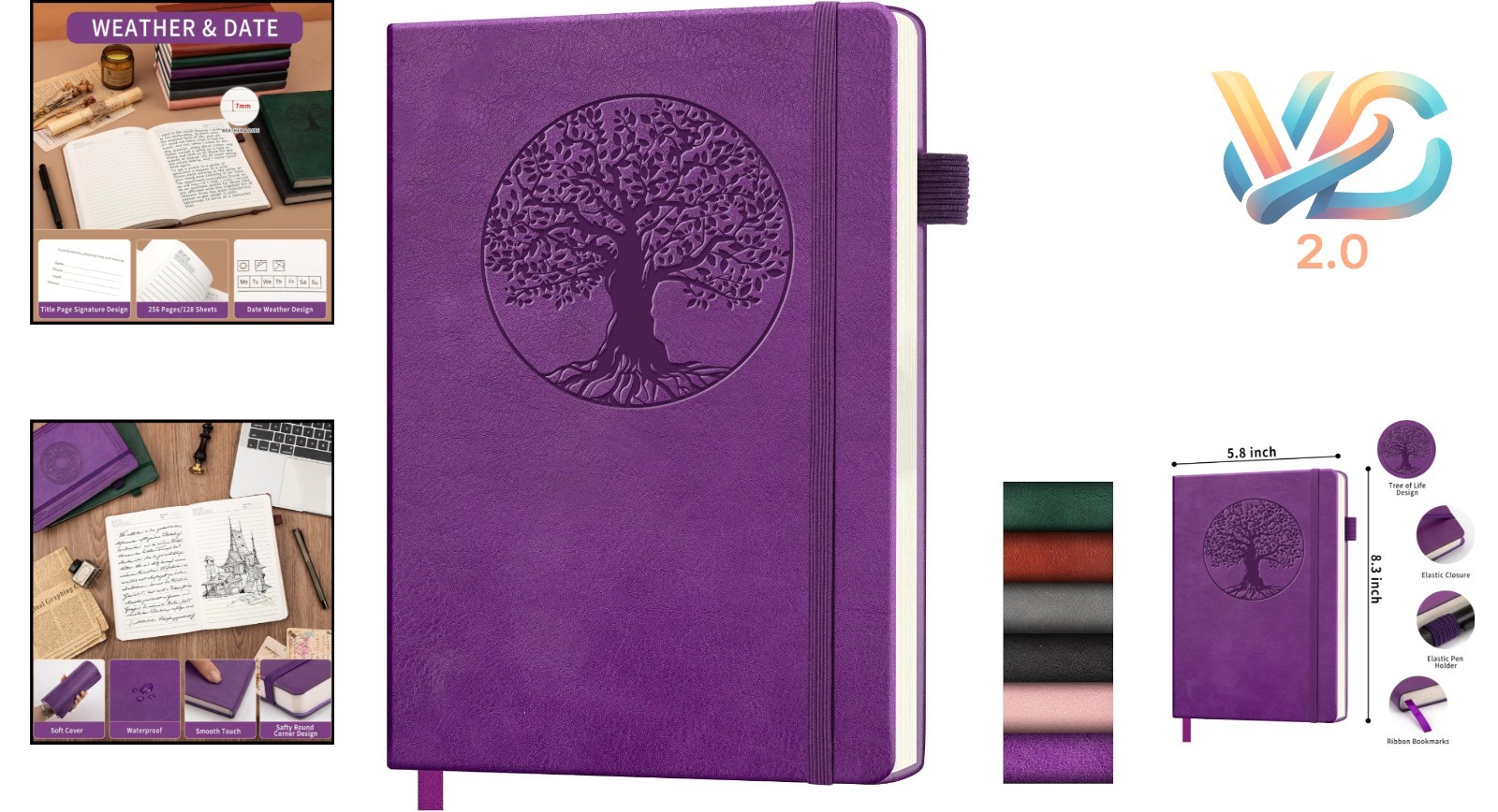 A5 Leather Journal Notebook Purple Tree of Life 256 Pages