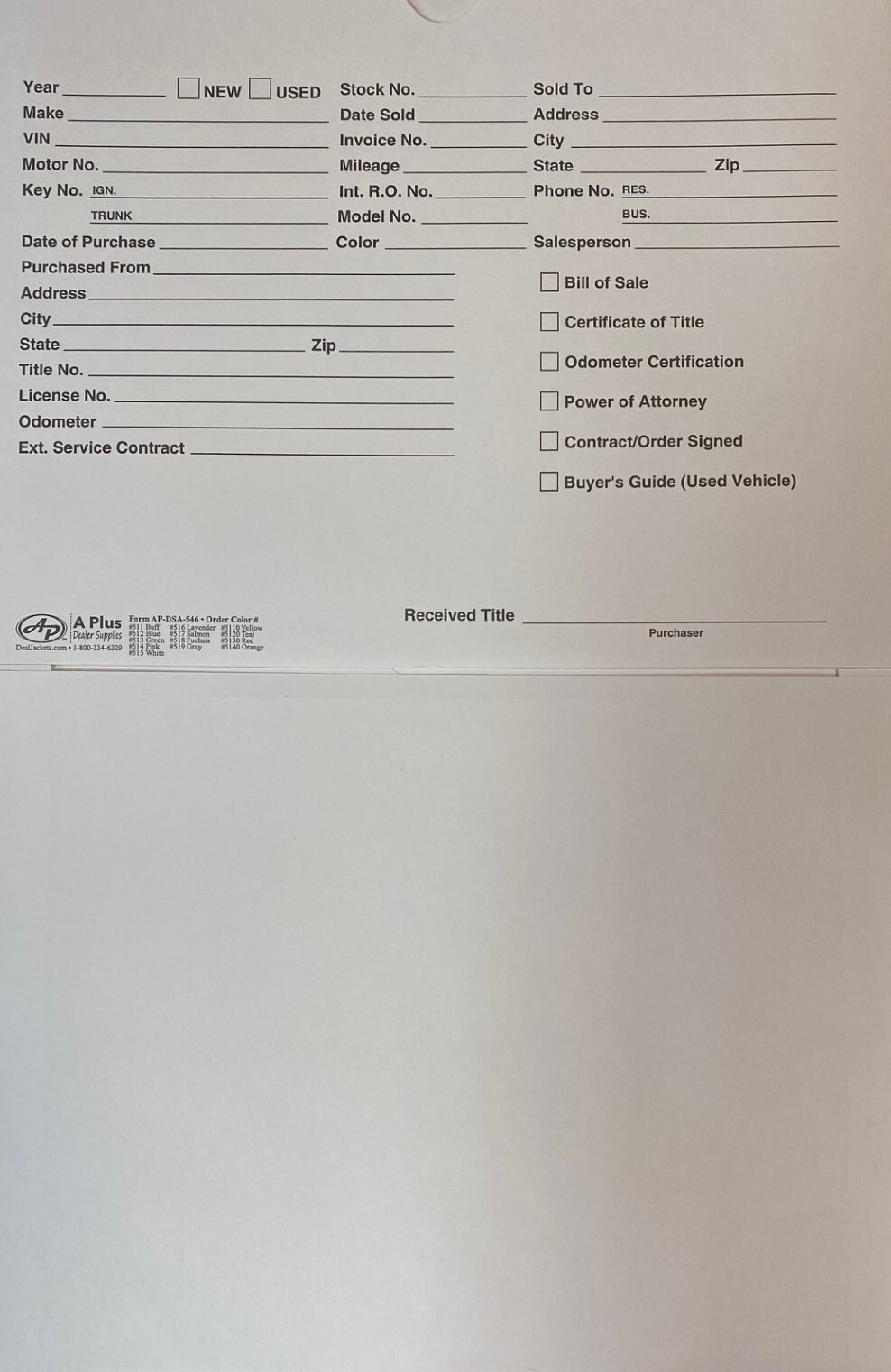 Vehicle Deal Jackets/Envelope for Auto Sales AP-DSA-546 White • Qty 100 (P6)