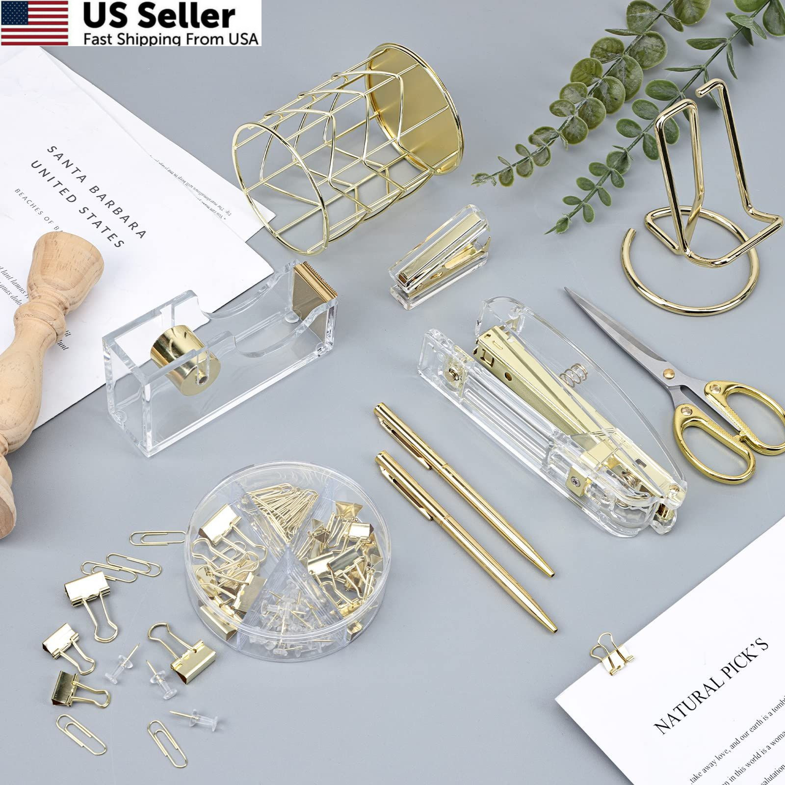 EOOUT Gold Office Supplies Set Desk Accessories, Acrylic Stapler