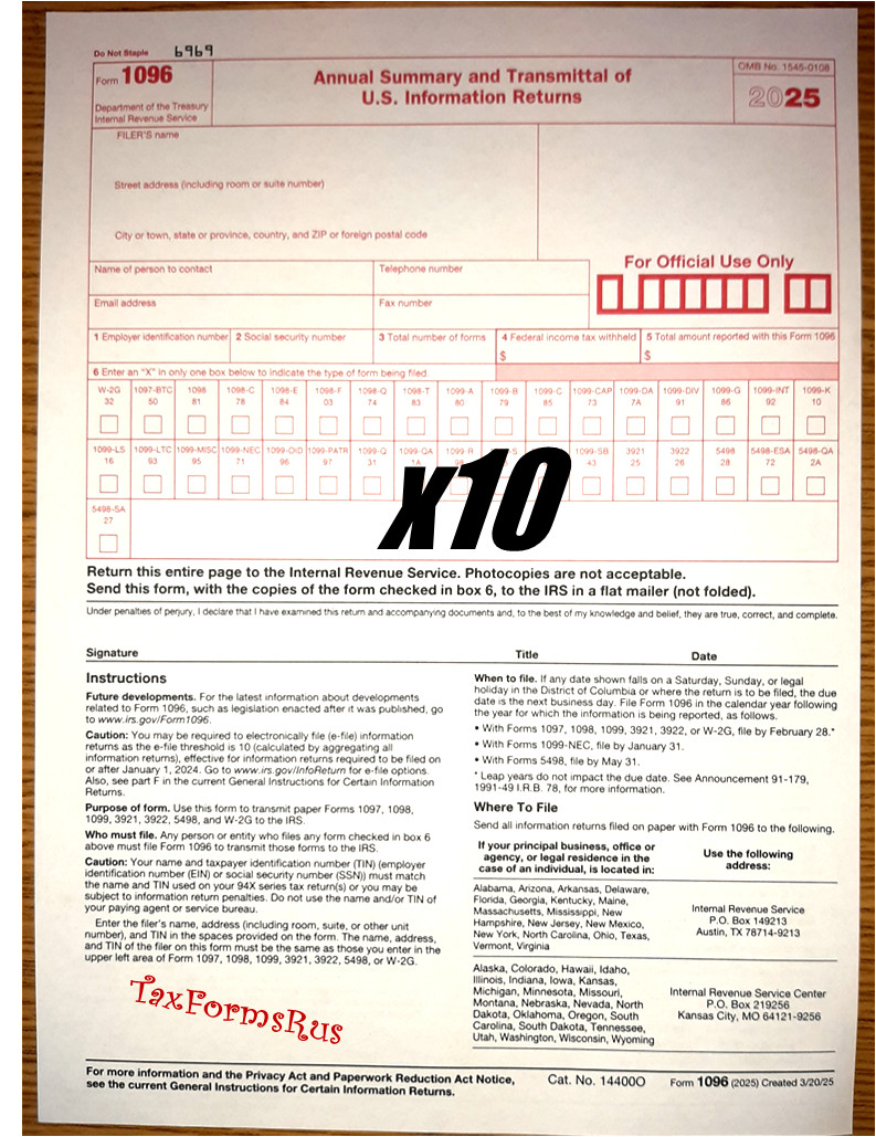 10-pack – 2025 Tax Form 1096 Annual Transmittals ONLY (for mailing 1099s to IRS)