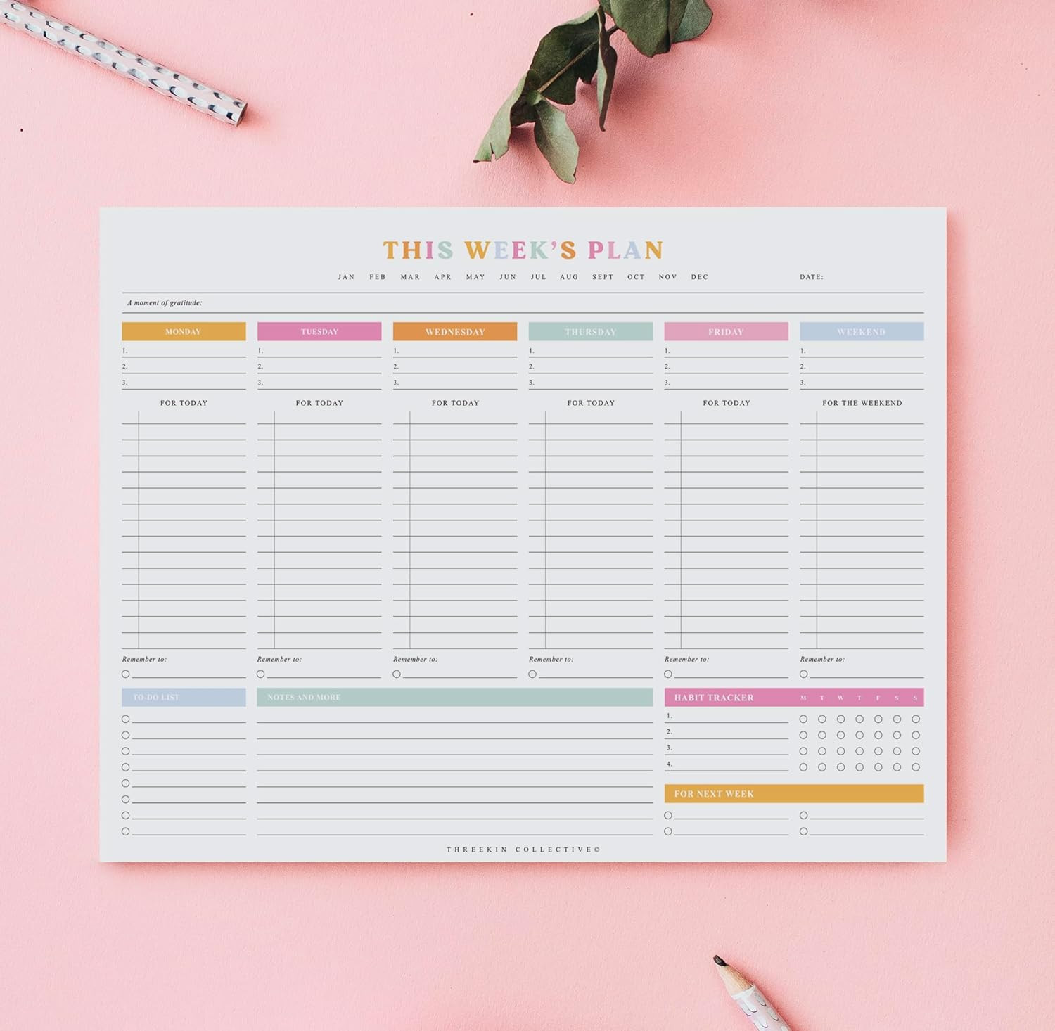 ThreeKin Weekly Planner – Premium 52-Sheet Tear-Off Notepad, 8.5 x 11 inches, Cl
