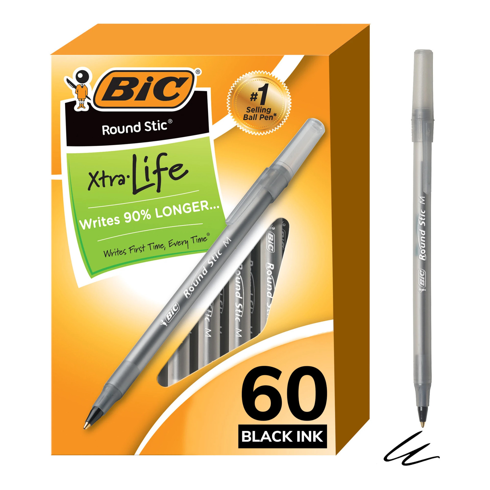 BIC Round Stic Ballpoint Pens, Medium, 1.0 mm, Translucent, Black Ink, 60-PK