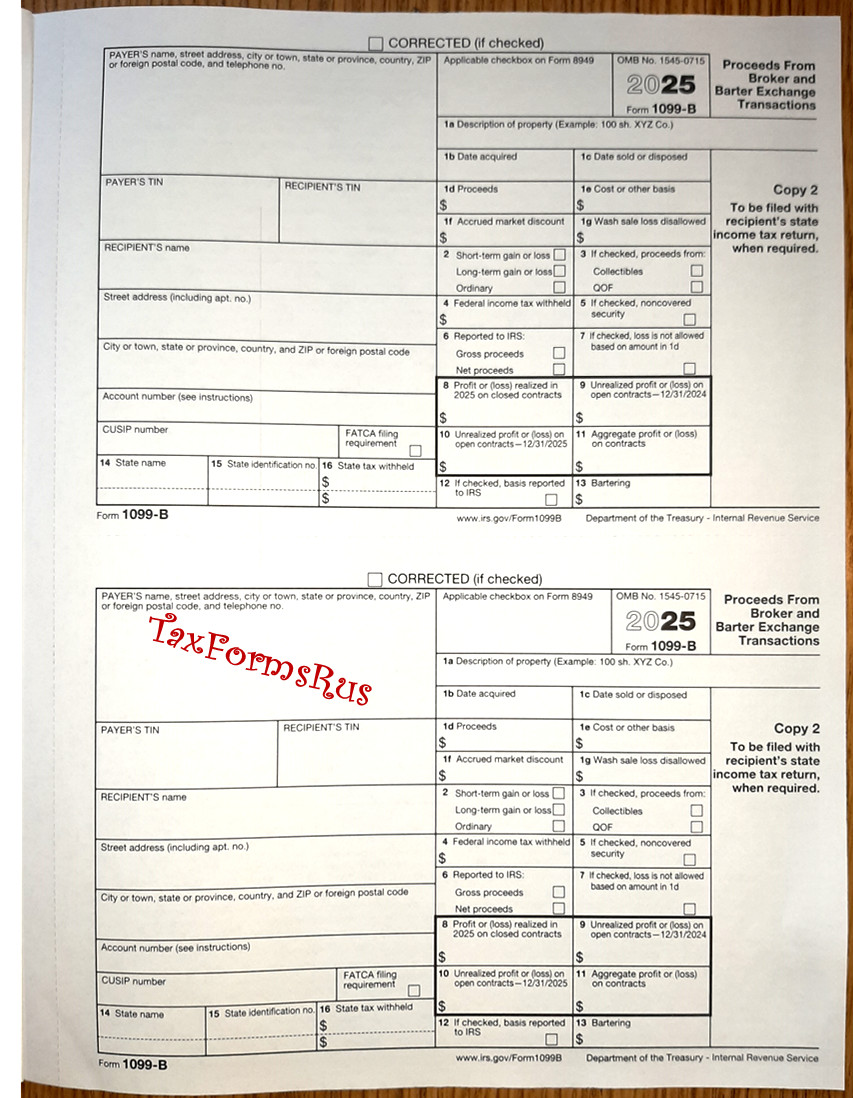 2025 IRS Tax Form 1099-B single sheet set for 2 recipients NONcarbonless 4pt 2up