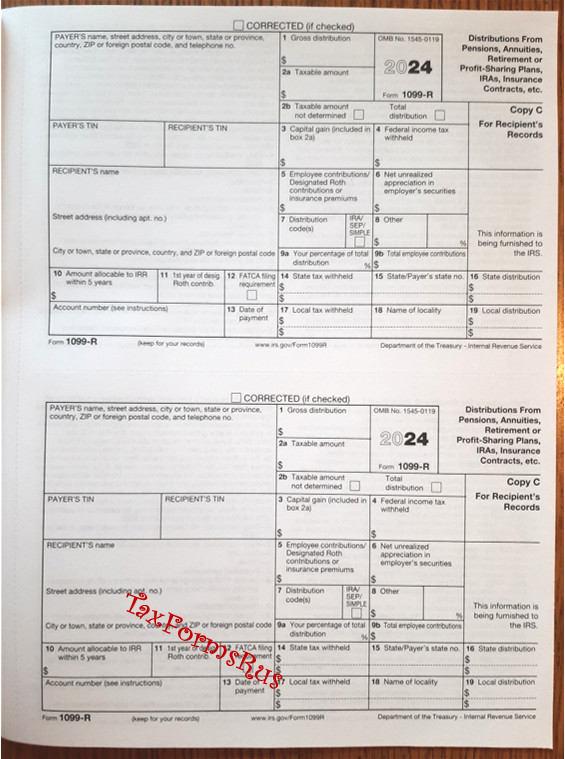 2024 IRS Tax Form 1099-R — NonCarbonless for 10 recipients + (2) 1096 — NO Env