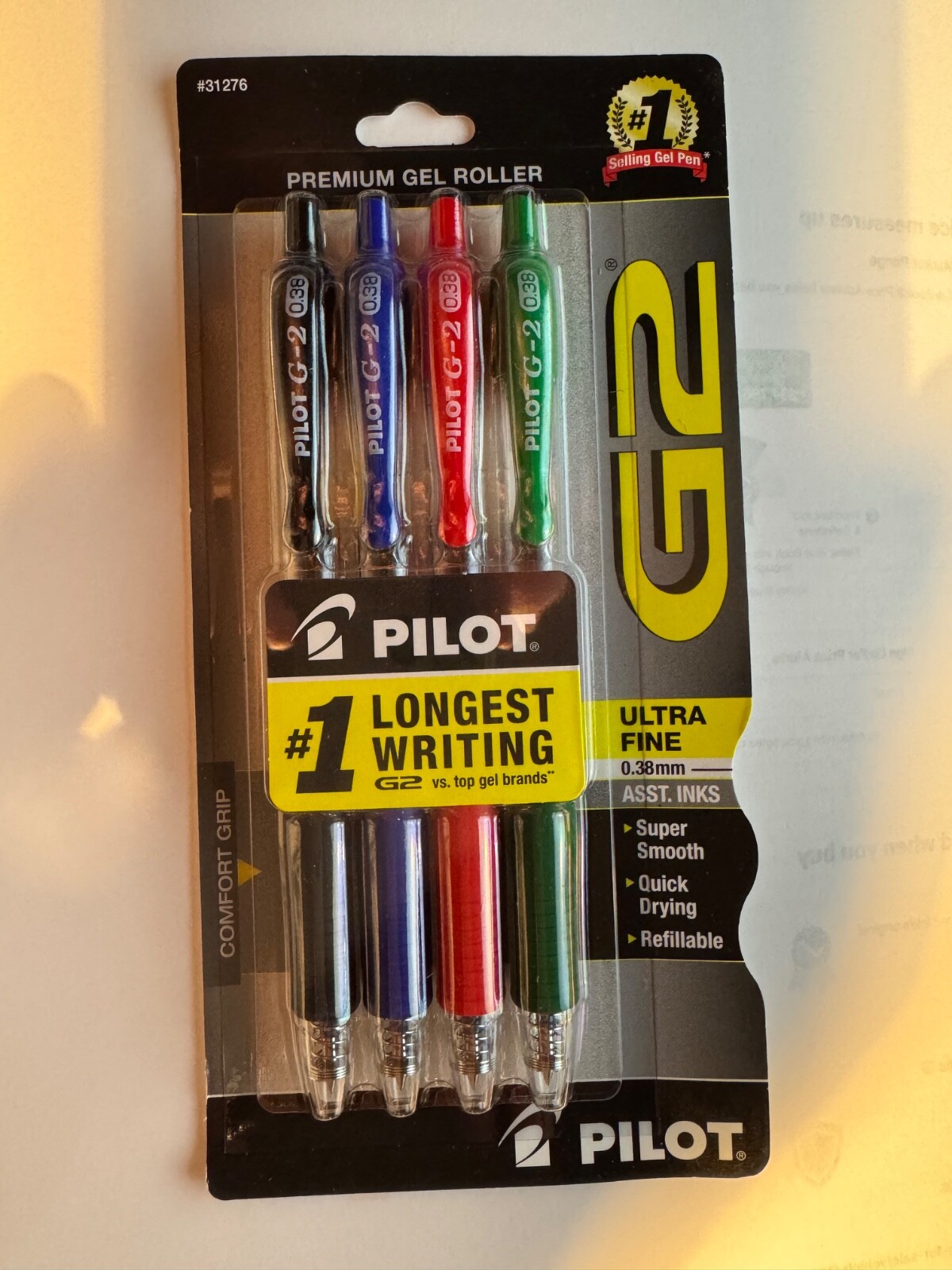 4 pack Pilot G-2 G2 Retractable Gel ROLLER Pens Fine Point .38mm assorted colors