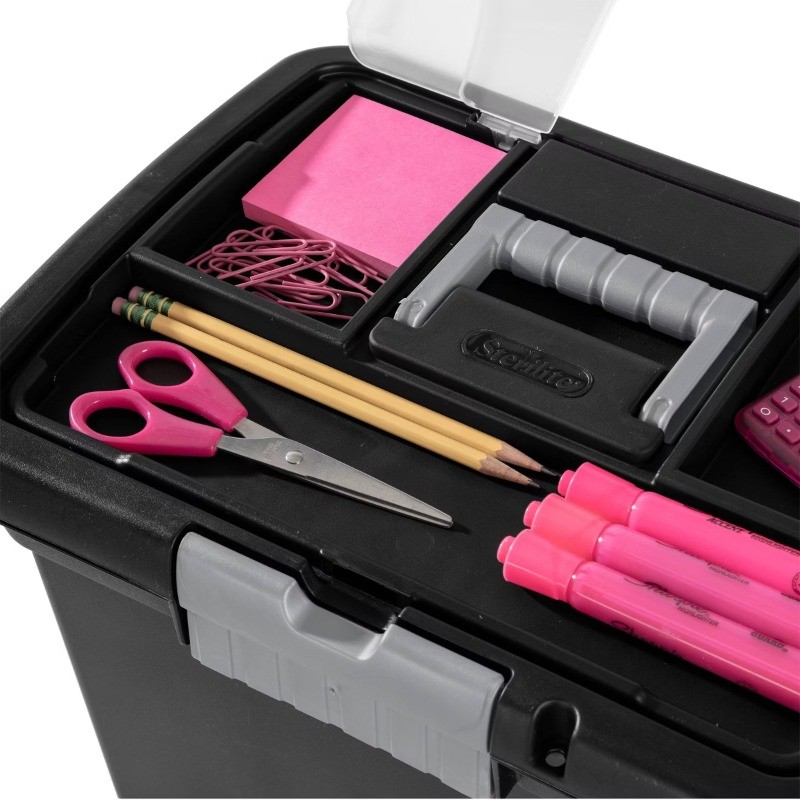 Medium Letter File Box Black: Plastic File Organizer with Handle & Clear Cover