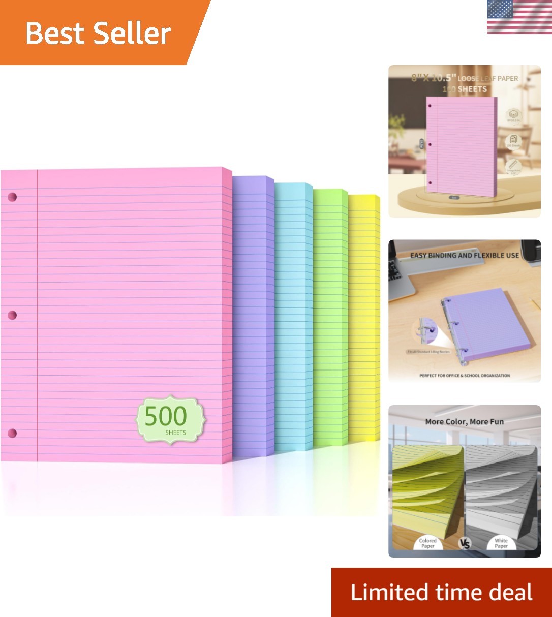 500 Sheets Loose Leaf Paper 8″ x 10.5″ Colored Filler Paper College Ruled 3-H…