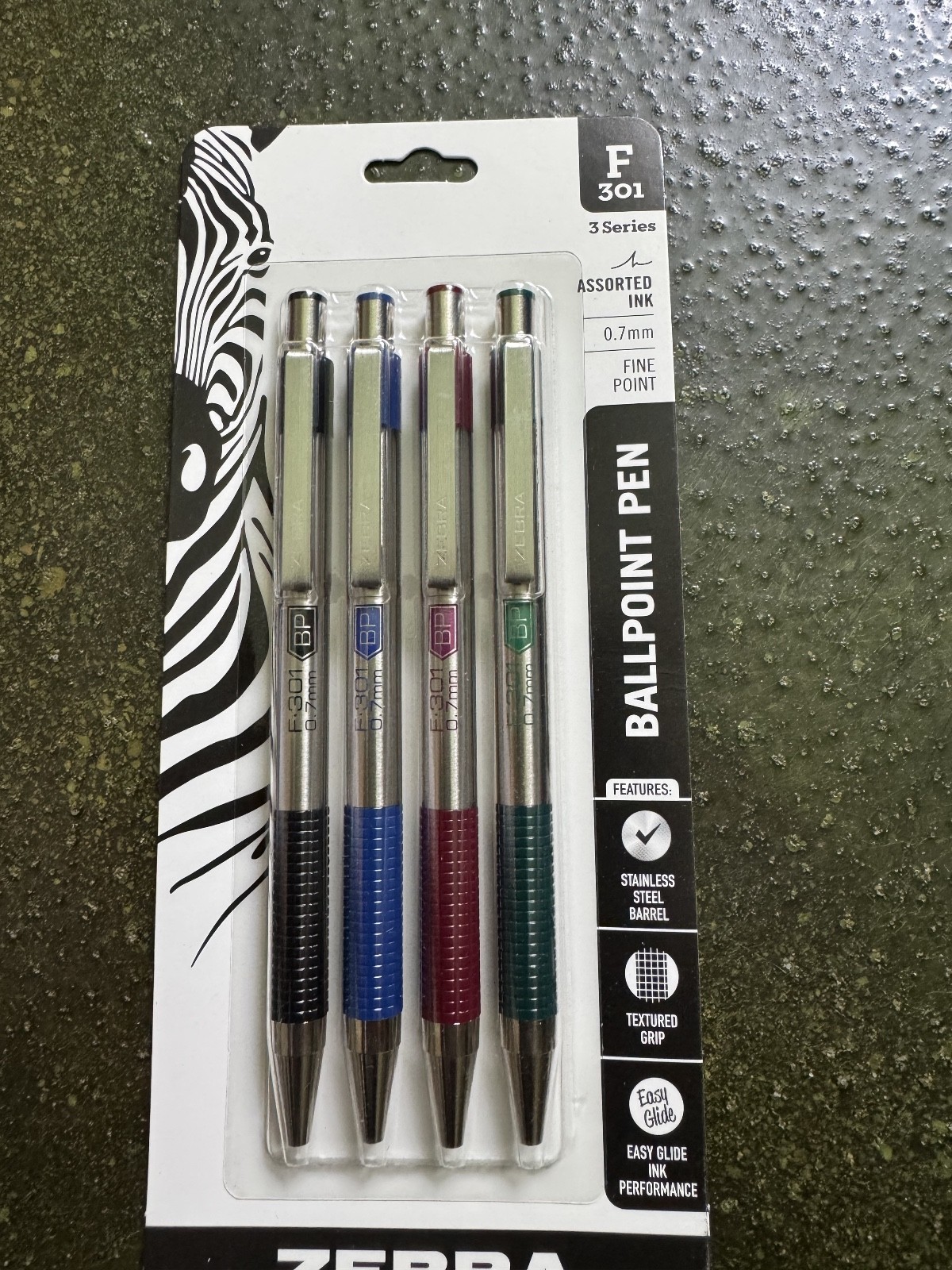 4 Zebra F-301 Stainless Steel Retractable Pens 0.7mm Fine red green blue black