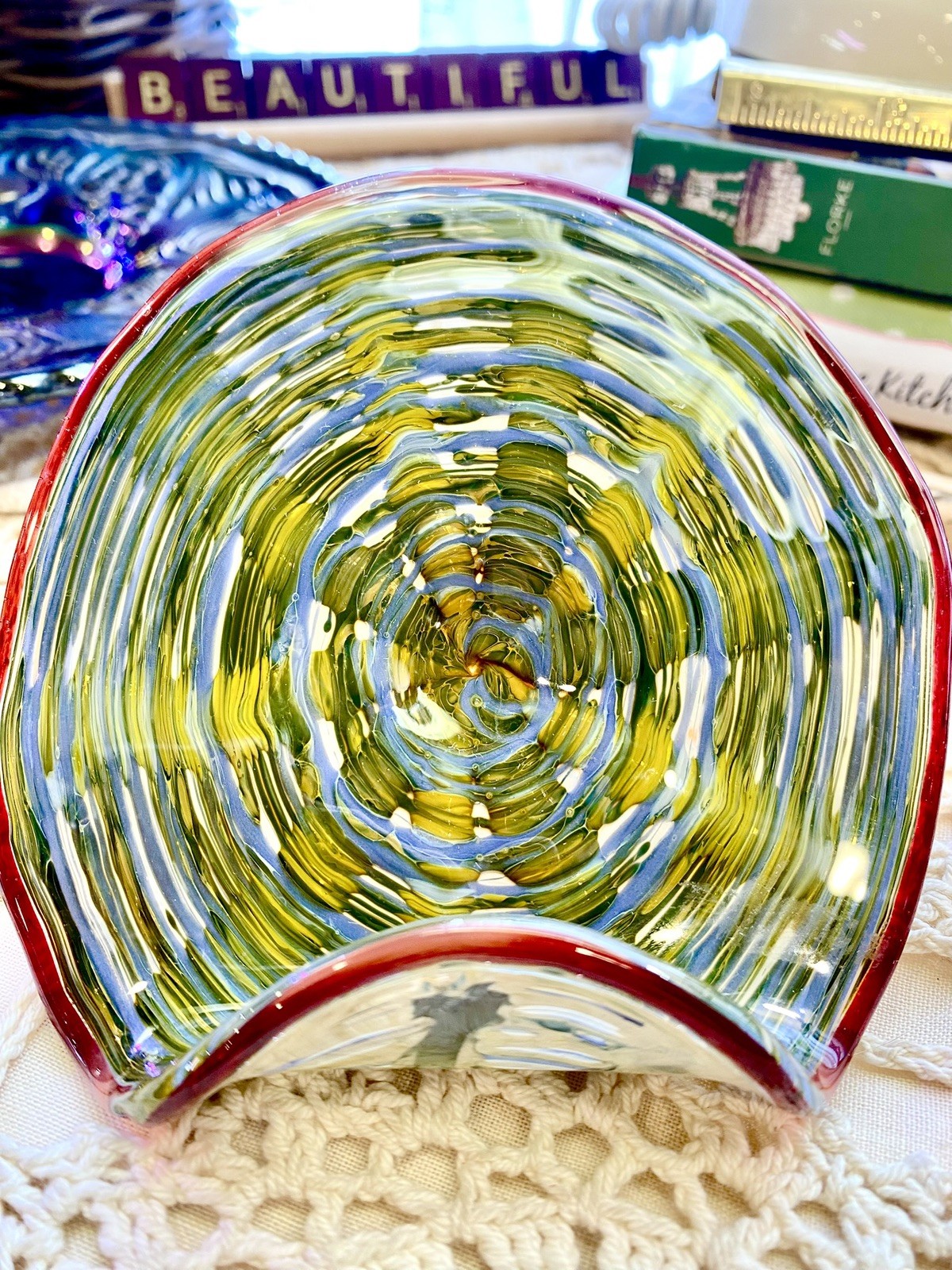 Artisan blown glass Business Card or letter Holder colored glass blue gold red